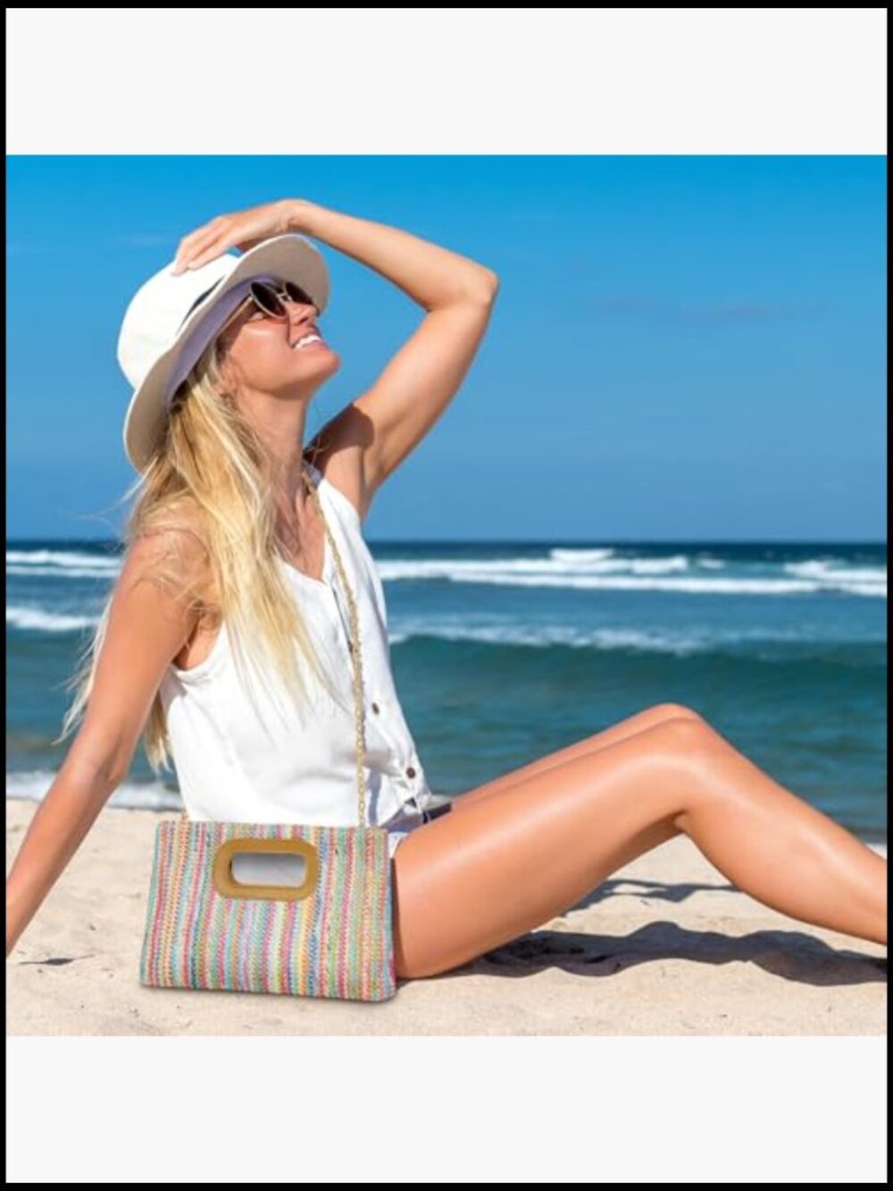 Straw Clutch Handbag with Gold Chain, Detachable Crossbody Shoulder Strap - Picture 2 of 7